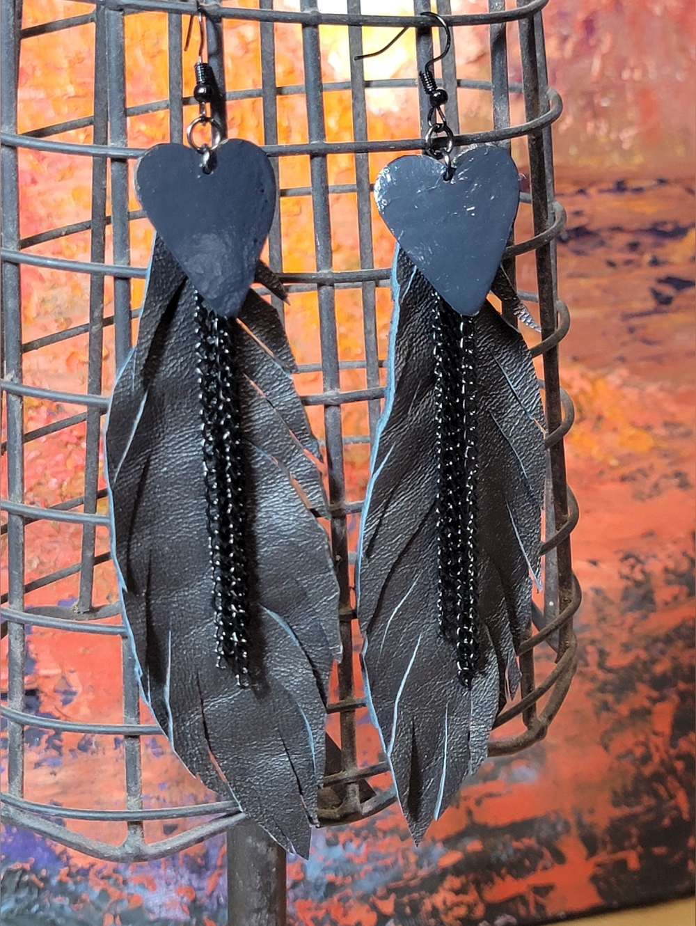 Handcrafted Black Leather Feather With Heart & Chain Shoulder Duster Earrings